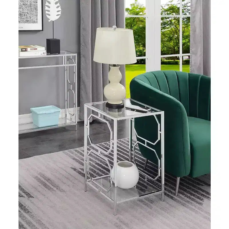 24" Silver Chrome Rectangle Glass End Table