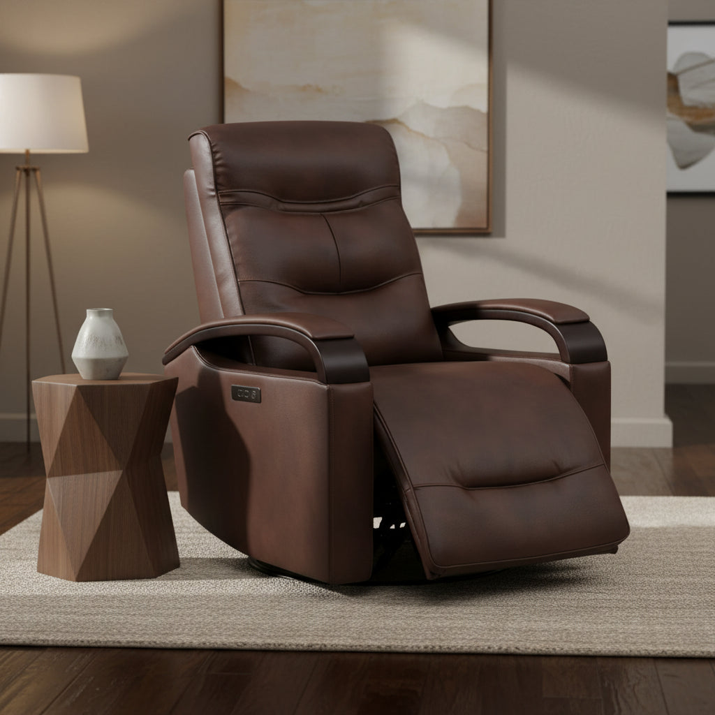 Spruce & Spring Leather Power Recliner Swivel Glider Rocker with Power Headrest