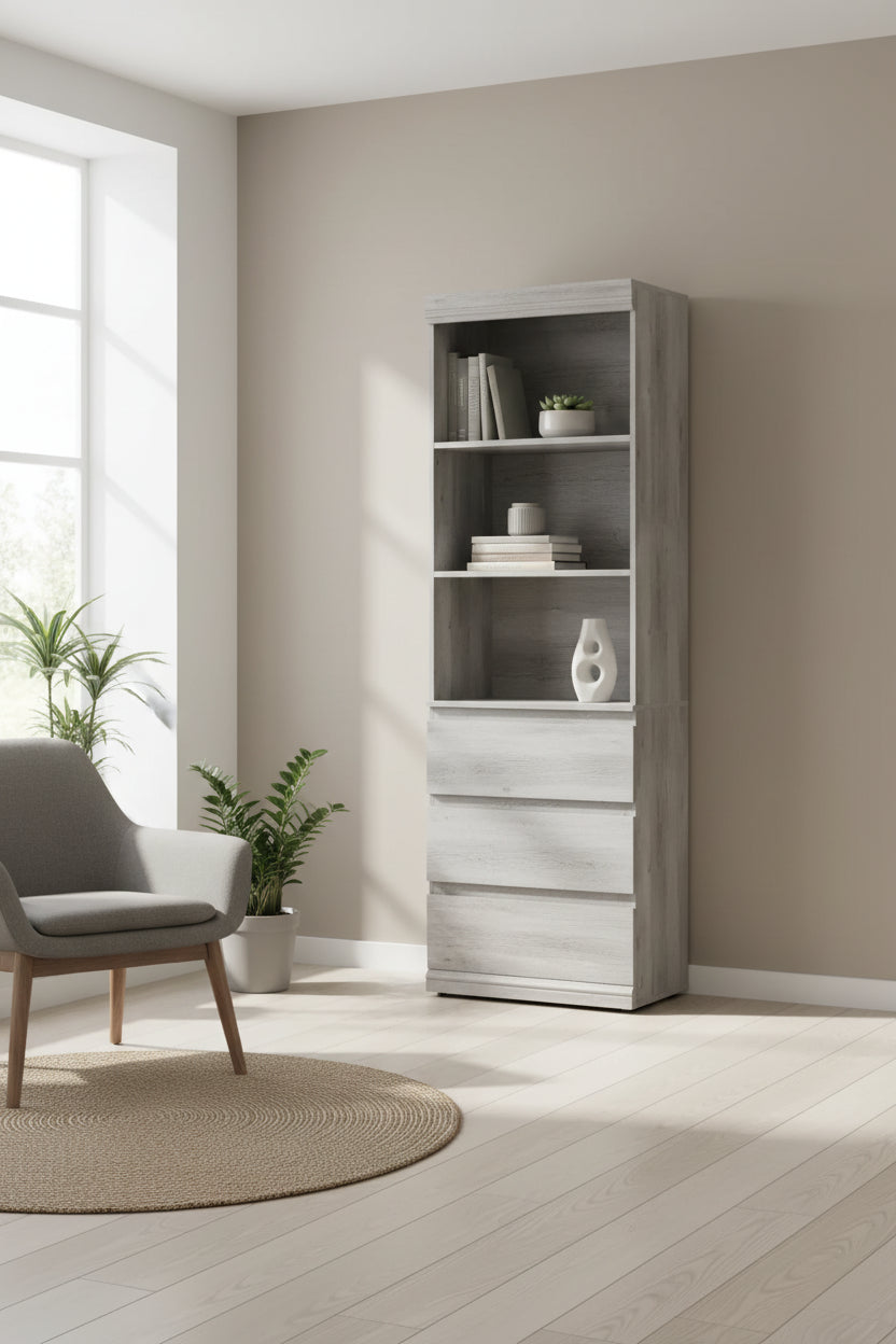 White Modern 70 Tall Bookcase with 3 Drawers & 3 Tier Open Shelves, Deep Storage Book Shelves Cabinet Organizer for Living Room, Home Office