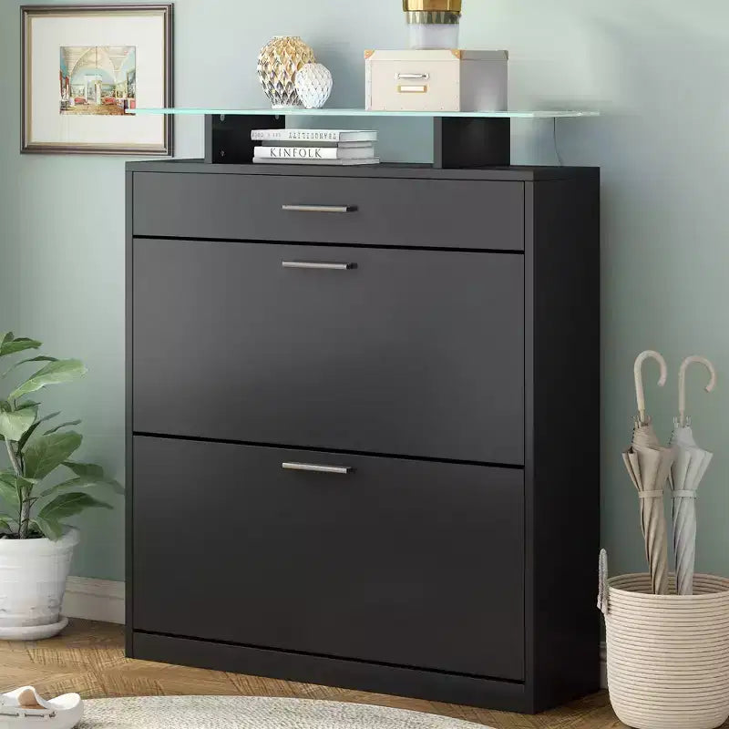 Slim Shoe Cabinet with 2 Flip Drawers and 1 Sliding Drawer - Entryway Organizer