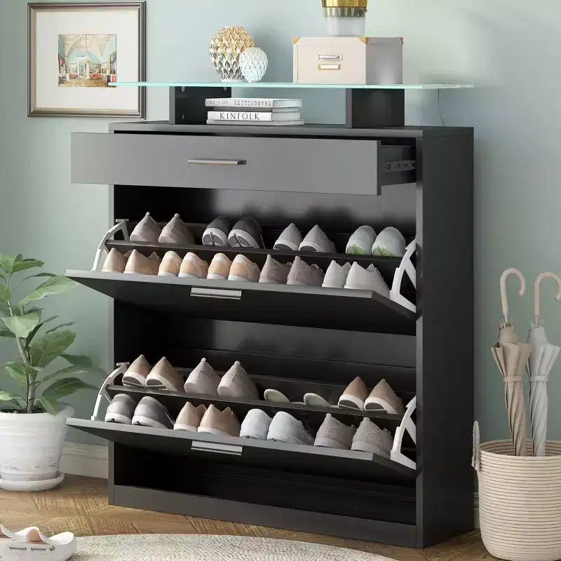 Slim Shoe Cabinet with 2 Flip Drawers and 1 Sliding Drawer - Entryway Organizer