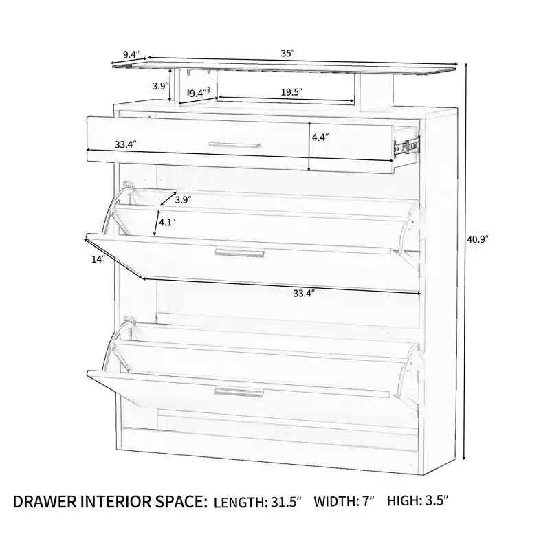 Slim Shoe Cabinet with 2 Flip Drawers and 1 Sliding Drawer - Entryway Organizer