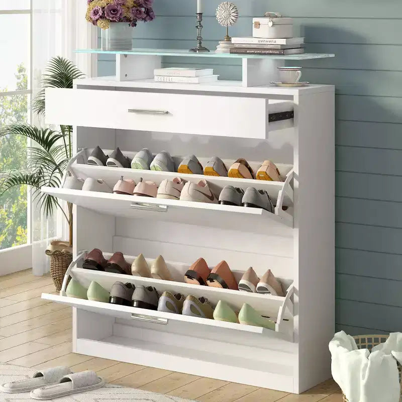 Slim Shoe Cabinet with 2 Flip Drawers and 1 Sliding Drawer - Entryway Organizer