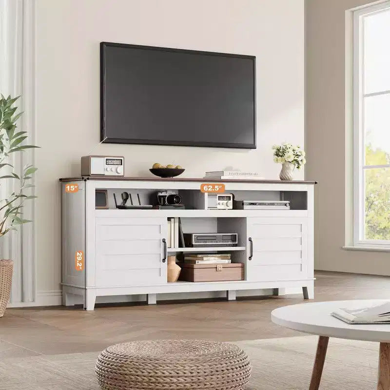 TV Stand for 63 in, Entertainment Center with Adjustable Shelves, Farmhouse TV Stand with Cabinet Doors