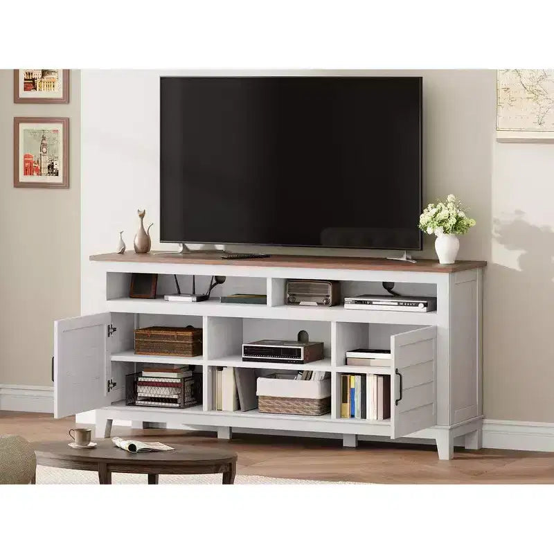 TV Stand for 63 in, Entertainment Center with Adjustable Shelves, Farmhouse TV Stand with Cabinet Doors
