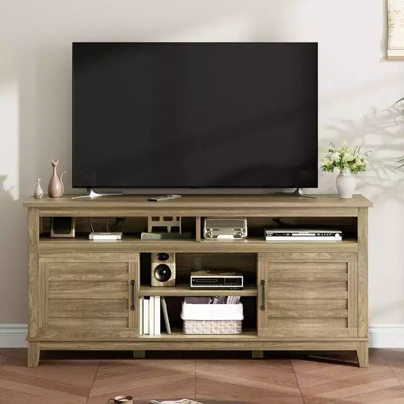 TV Stand for 63 in, Entertainment Center with Adjustable Shelves, Farmhouse TV Stand with Cabinet Doors