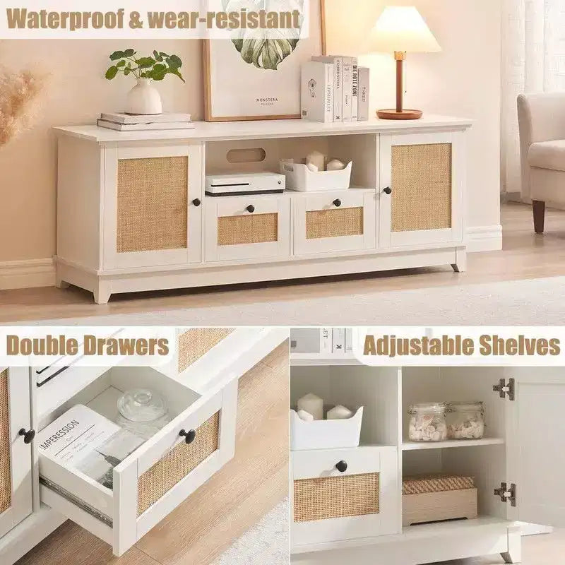 TV Stand for 65+ Inch TV, Rattan Entertainment Center TV Media Console Table