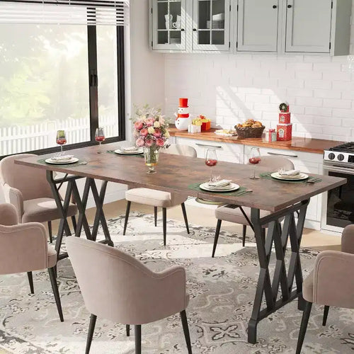 6-person Dining Table, 71 Rectangular Dining Table with X-shaped Metal Legs and Wooden Tabletop, Kitchen Dining Table for 6-8 People