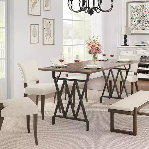 Tavolo da pranzo per 6 persone, tavolo da pranzo rettangolare da 180 cm con gambe in metallo a X e piano in legno, tavolo da cucina per 6-8 persone