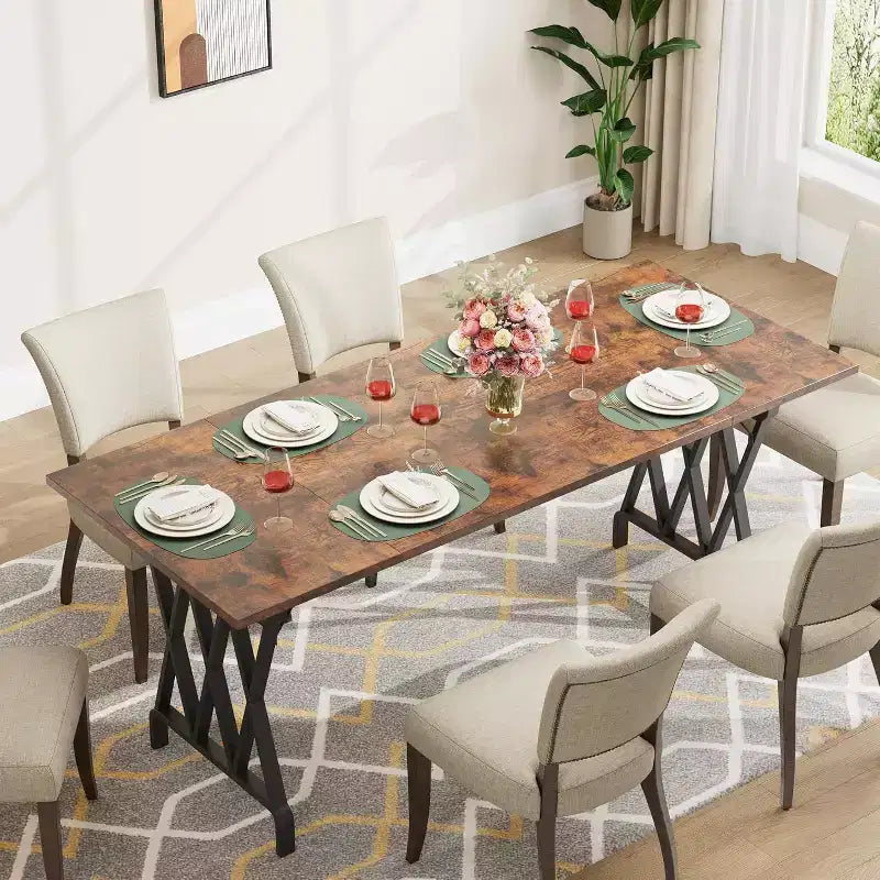 6-person Dining Table, 71 Rectangular Dining Table with X-shaped Metal Legs and Wooden Tabletop, Kitchen Dining Table for 6-8 People