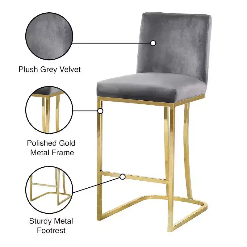 Grey Velvet Counter Height Stool with Chrome Base