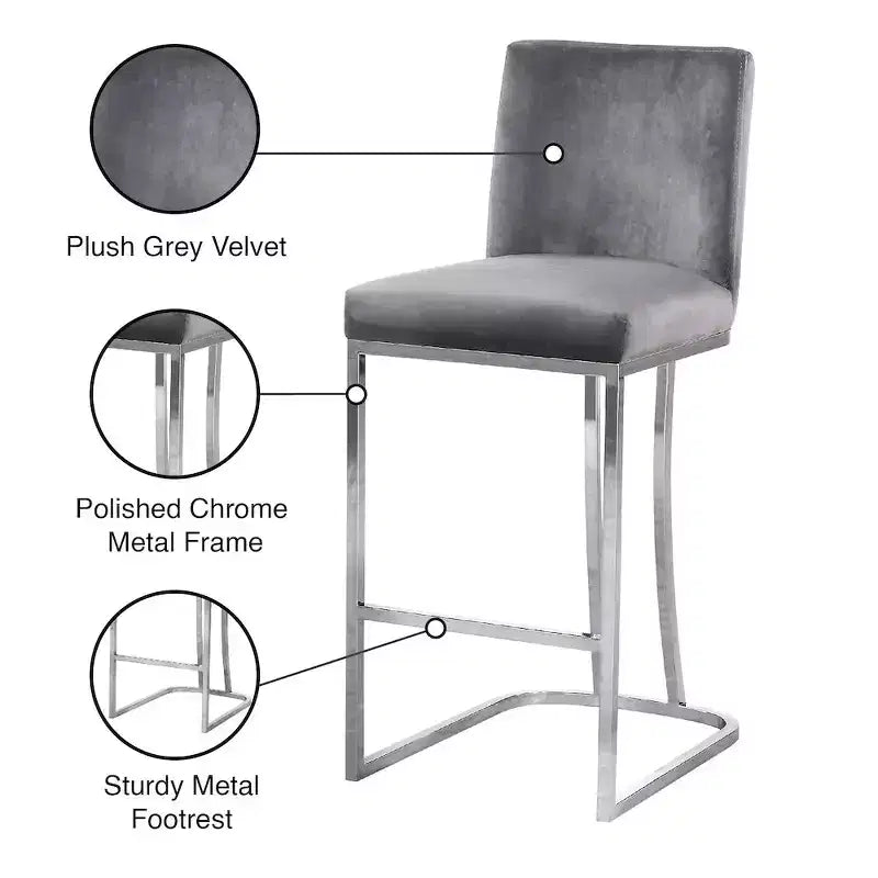 Grey Velvet Counter Height Stool with Chrome Base