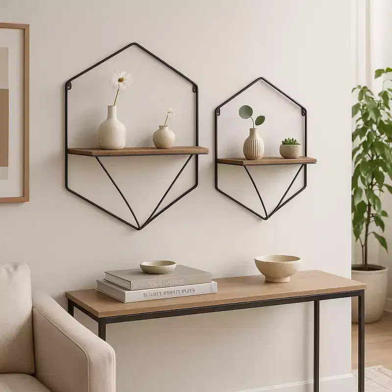 Metal & Wood Floating Storage with Rustic Casual Design - Geometric Wall Shelves - Hanging Display for Home & Office - Set of 2, 20, 16