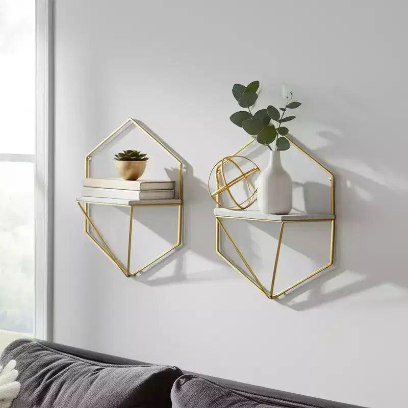 Metal & Wood Floating Storage with Rustic Casual Design - Geometric Wall Shelves - Hanging Display for Home & Office - Set of 2, 20, 16