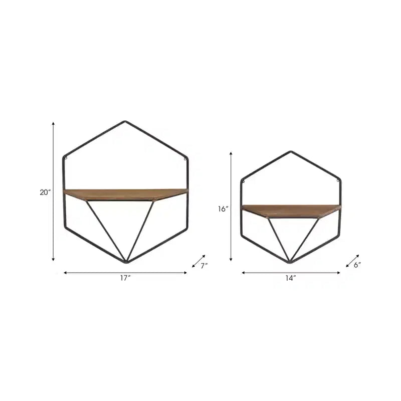 Metal & Wood Floating Storage with Rustic Casual Design - Geometric Wall Shelves - Hanging Display for Home & Office - Set of 2, 20, 16