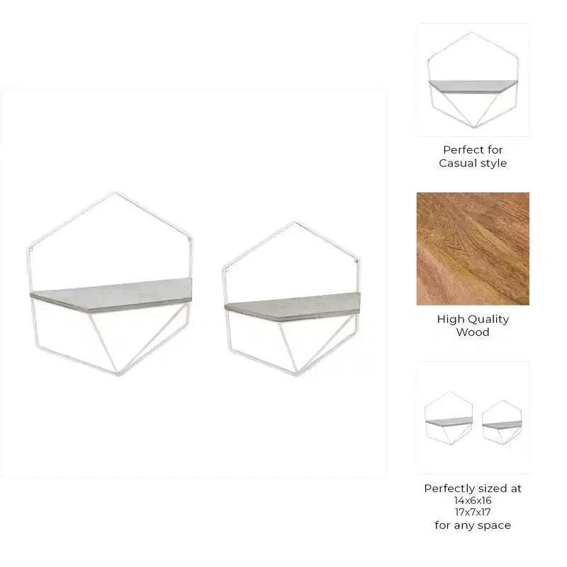 Metal & Wood Floating Storage with Rustic Casual Design - Geometric Wall Shelves - Hanging Display for Home & Office - Set of 2, 20, 16