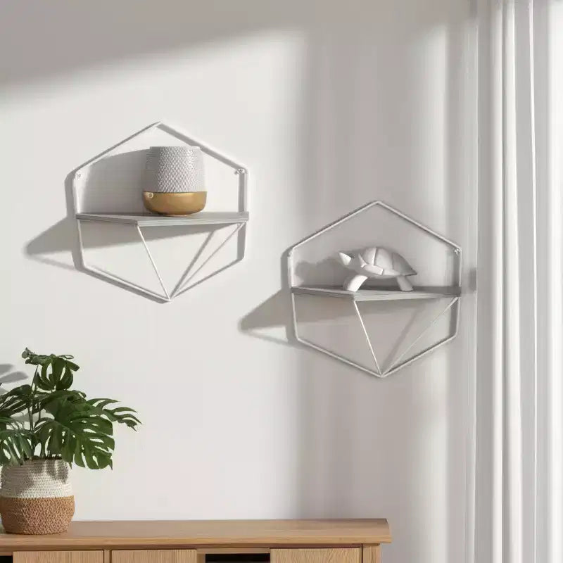 Metal & Wood Floating Storage with Rustic Casual Design - Geometric Wall Shelves - Hanging Display for Home & Office - Set of 2, 20, 16
