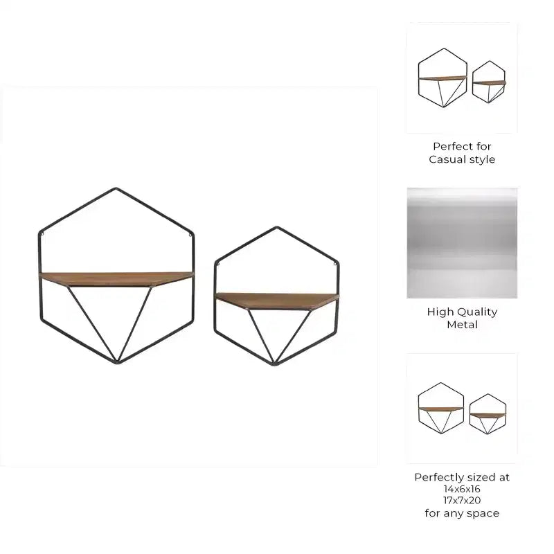 Metal & Wood Floating Storage with Rustic Casual Design - Geometric Wall Shelves - Hanging Display for Home & Office - Set of 2, 20, 16