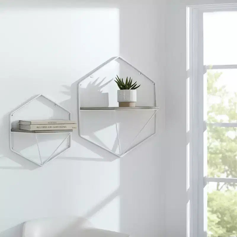 Metal & Wood Floating Storage with Rustic Casual Design - Geometric Wall Shelves - Hanging Display for Home & Office - Set of 2, 20, 16