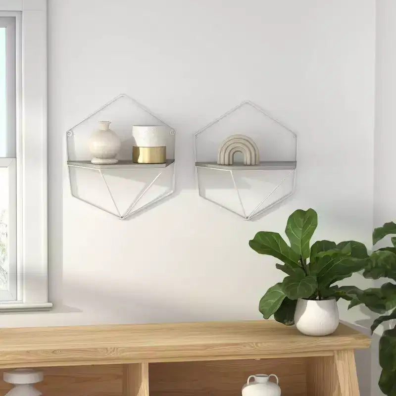 Metal & Wood Floating Storage with Rustic Casual Design - Geometric Wall Shelves - Hanging Display for Home & Office - Set of 2, 20, 16