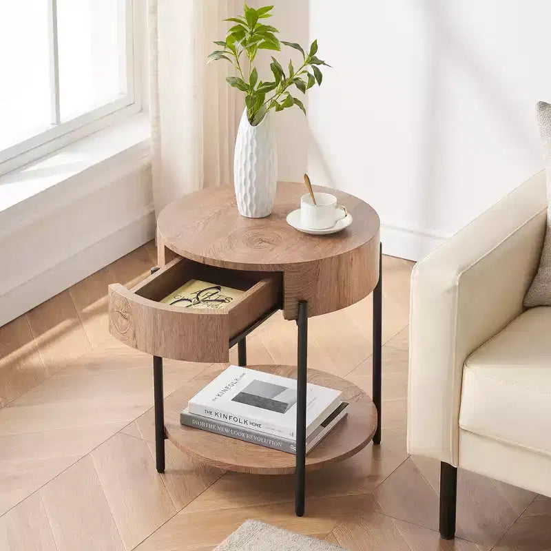 19.69 Coffee Table with Drawer Circle End Tables Wooden Bedside Table Metal Frame for Living Room, Bedroom and Small Spaces