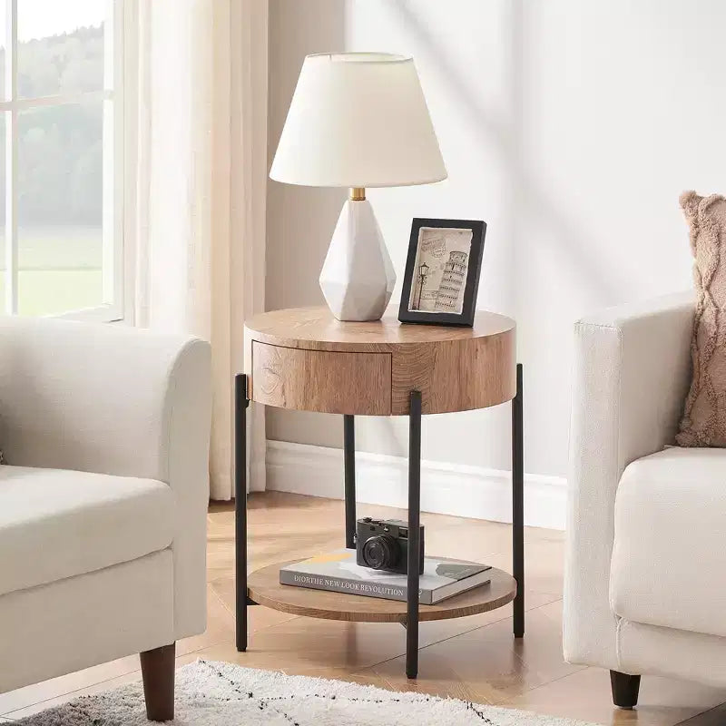 19.69 Coffee Table with Drawer Circle End Tables Wooden Bedside Table Metal Frame for Living Room, Bedroom and Small Spaces