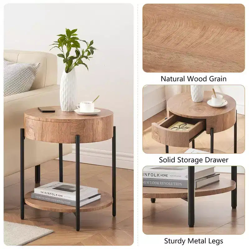 19.69 Coffee Table with Drawer Circle End Tables Wooden Bedside Table Metal Frame for Living Room, Bedroom and Small Spaces