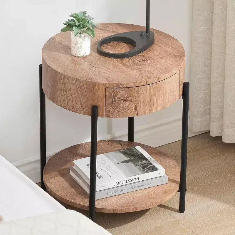 19.69 Coffee Table with Drawer Circle End Tables Wooden Bedside Table Metal Frame for Living Room, Bedroom and Small Spaces