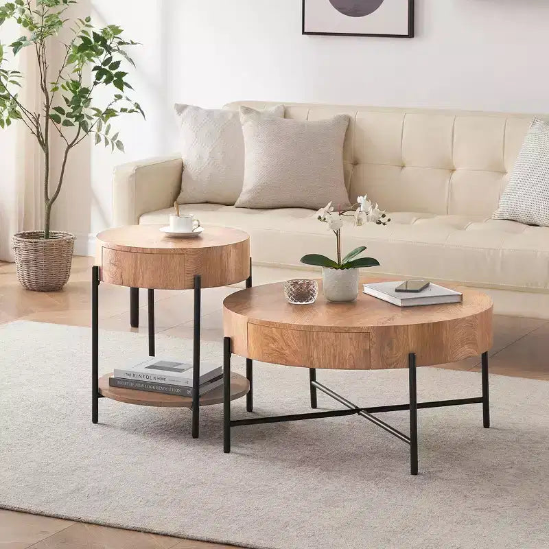 19.69 Coffee Table with Drawer Circle End Tables Wooden Bedside Table Metal Frame for Living Room, Bedroom and Small Spaces