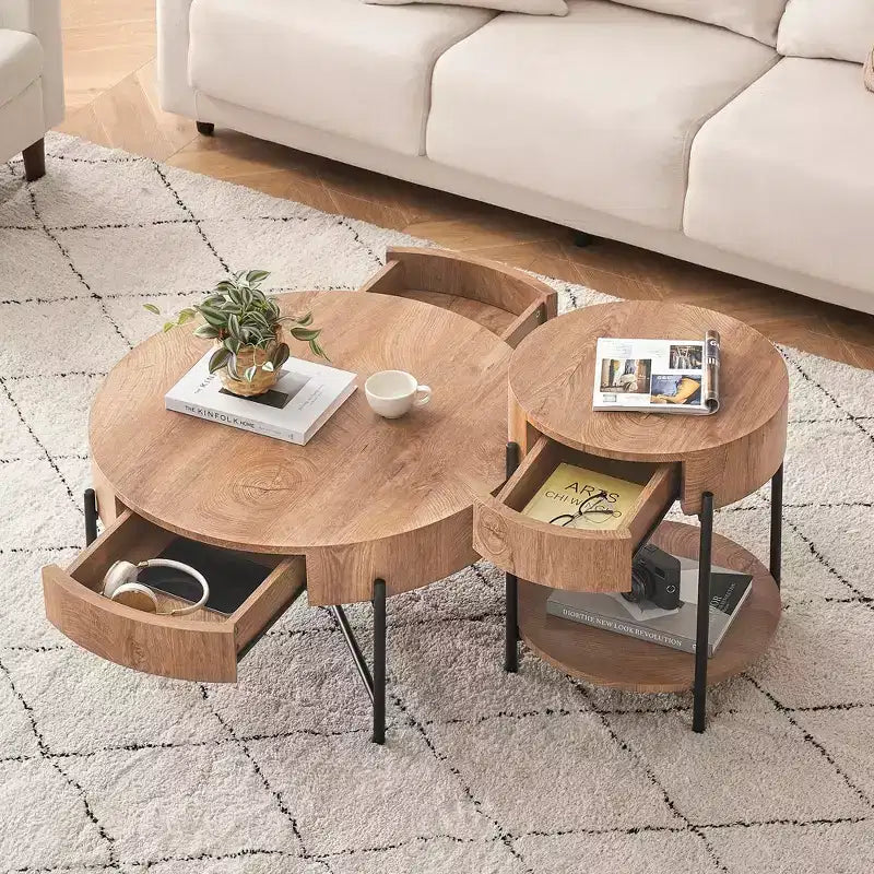 19.69 Coffee Table with Drawer Circle End Tables Wooden Bedside Table Metal Frame for Living Room, Bedroom and Small Spaces