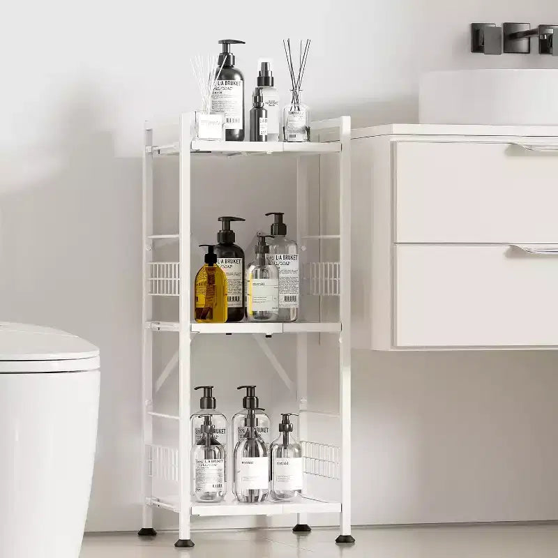 Space-Saving 3-Tier Narrow Shelf (Expandable, Metal, Free-Standing Corner Rack)