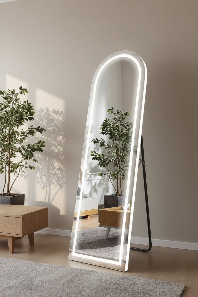MAYEERTY Full Length Arch Shaped Corner Aluminum Alloy Frameless Mirror with Stand for Living Room Bedroom