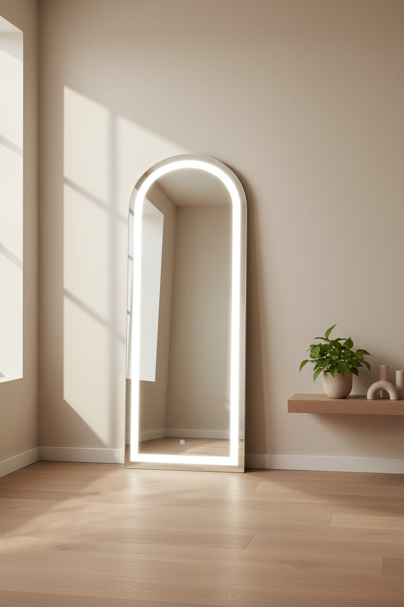 Full Length Arch Shaped Aluminum Alloy Frameless Mirror with Stand