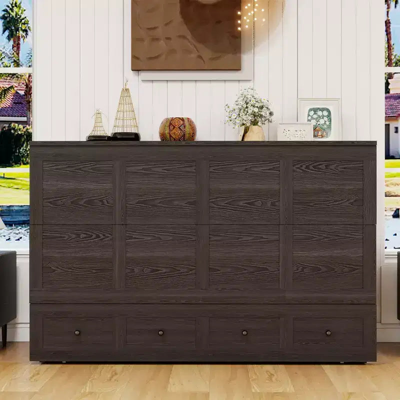Solid Wood Frame Queen Murphy Bed with Built-in Charger and Storage Drawer