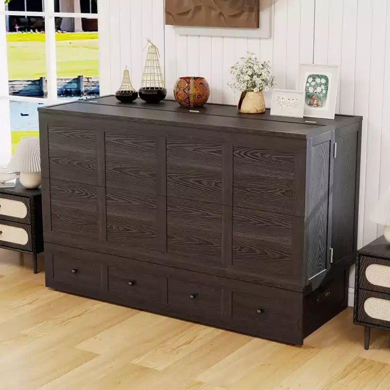 Solid Wood Frame Queen Murphy Bed with Built-in Charger and Storage Drawer