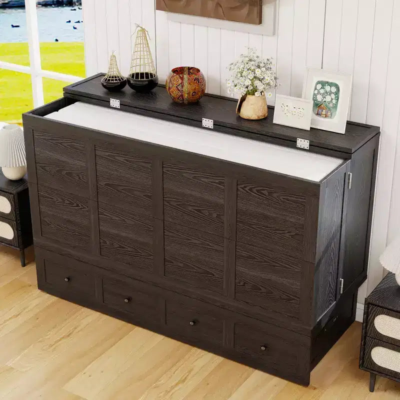 Solid Wood Frame Queen Murphy Bed with Built-in Charger and Storage Drawer