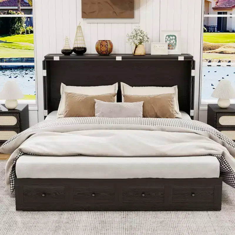 Solid Wood Frame Queen Murphy Bed with Built-in Charger and Storage Drawer