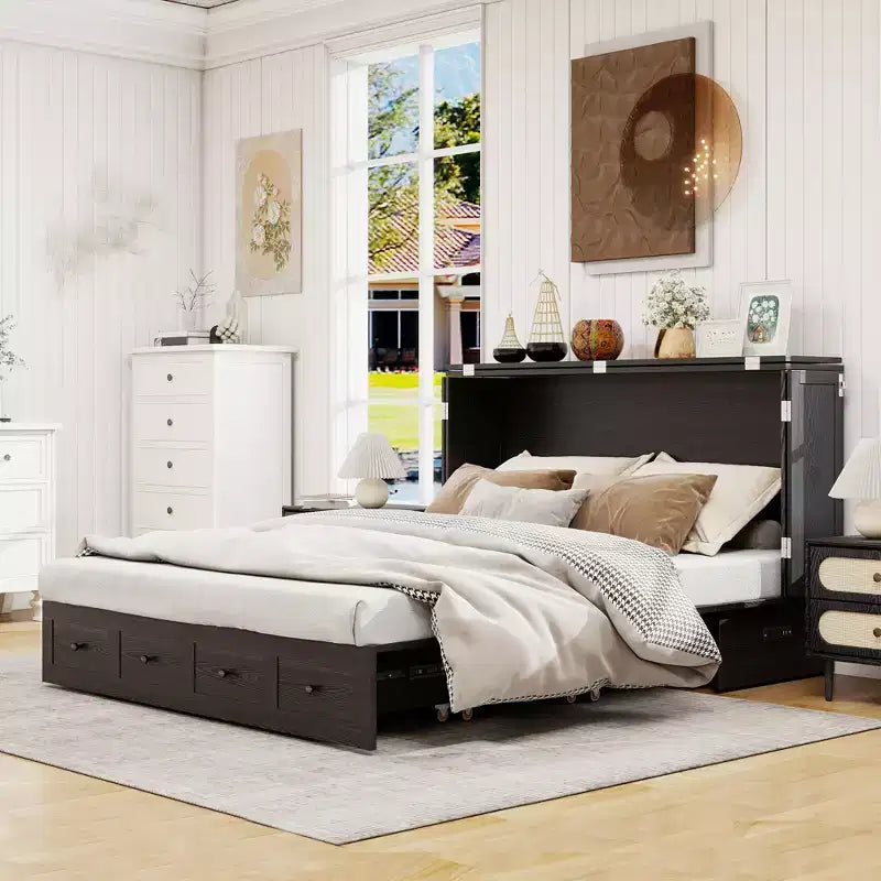 Solid Wood Frame Queen Murphy Bed with Built-in Charger and Storage Drawer