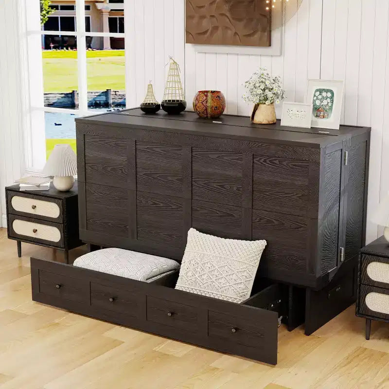 Solid Wood Frame Queen Murphy Bed with Built-in Charger and Storage Drawer