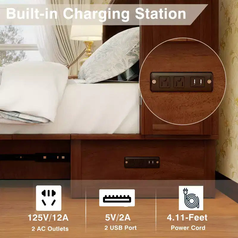 Solid Wood Frame Queen Murphy Bed with Built-in Charger and Storage Drawer