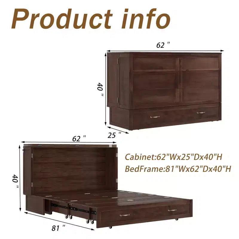Solid Wood Frame Queen Murphy Bed with Built-in Charger and Storage Drawer
