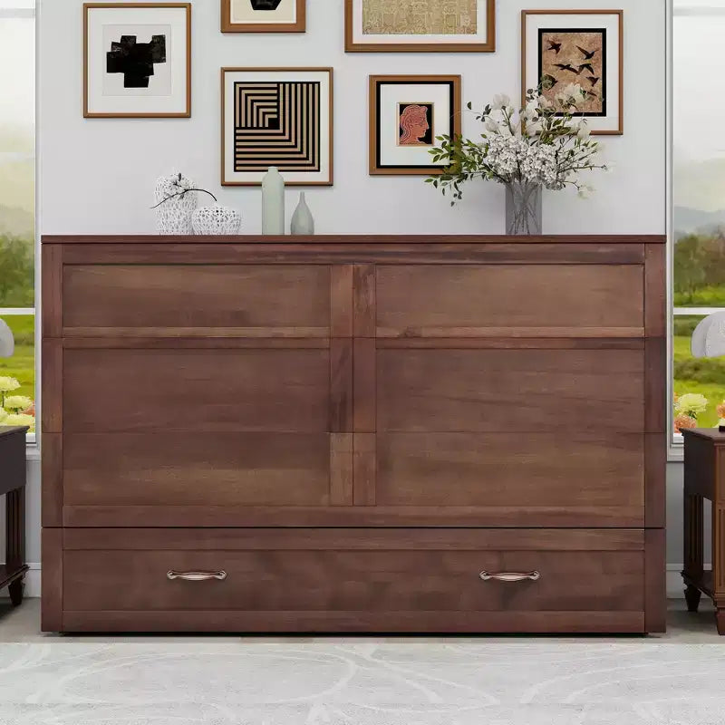Solid Wood Frame Queen Murphy Bed with Built-in Charger and Storage Drawer