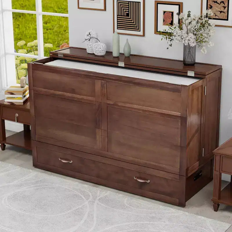 Solid Wood Frame Queen Murphy Bed with Built-in Charger and Storage Drawer