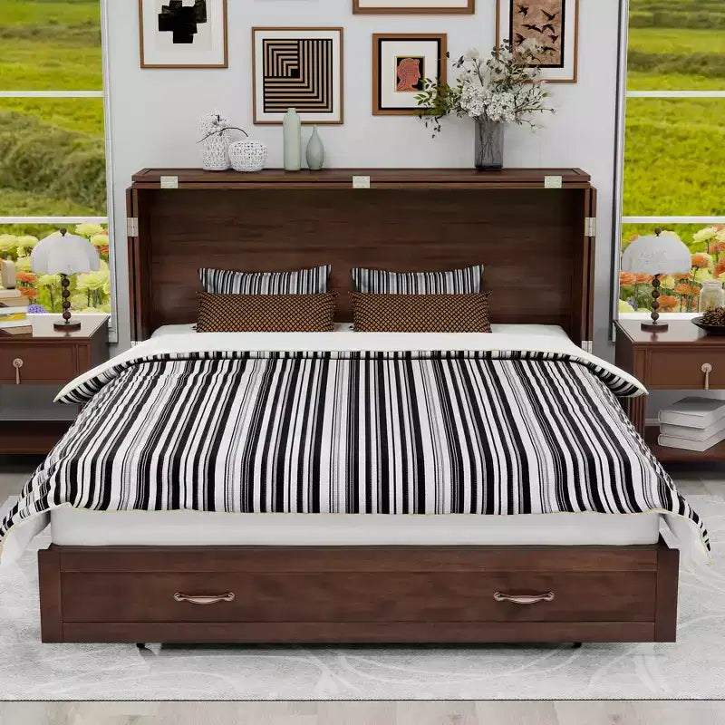 Solid Wood Frame Queen Murphy Bed with Built-in Charger and Storage Drawer