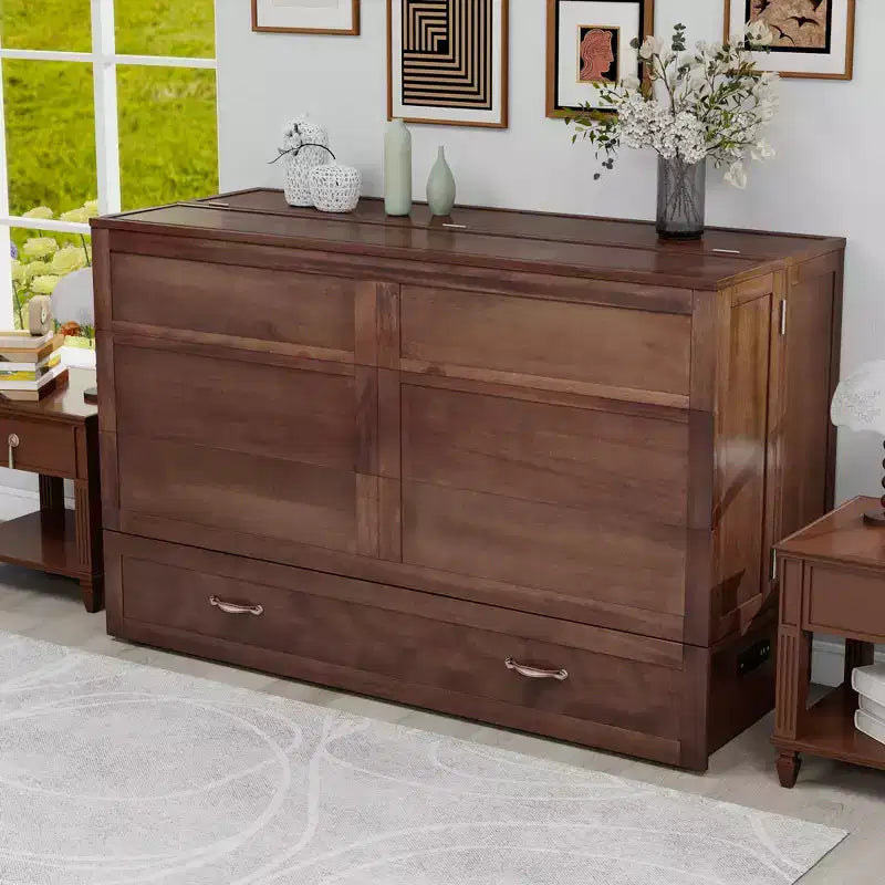 Solid Wood Frame Queen Murphy Bed with Built-in Charger and Storage Drawer