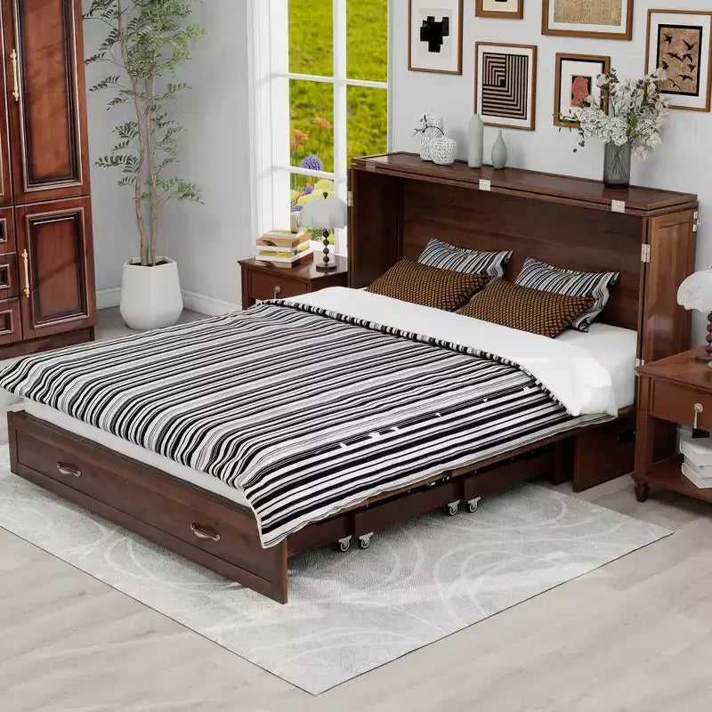 Solid Wood Frame Queen Murphy Bed with Built-in Charger and Storage Drawer