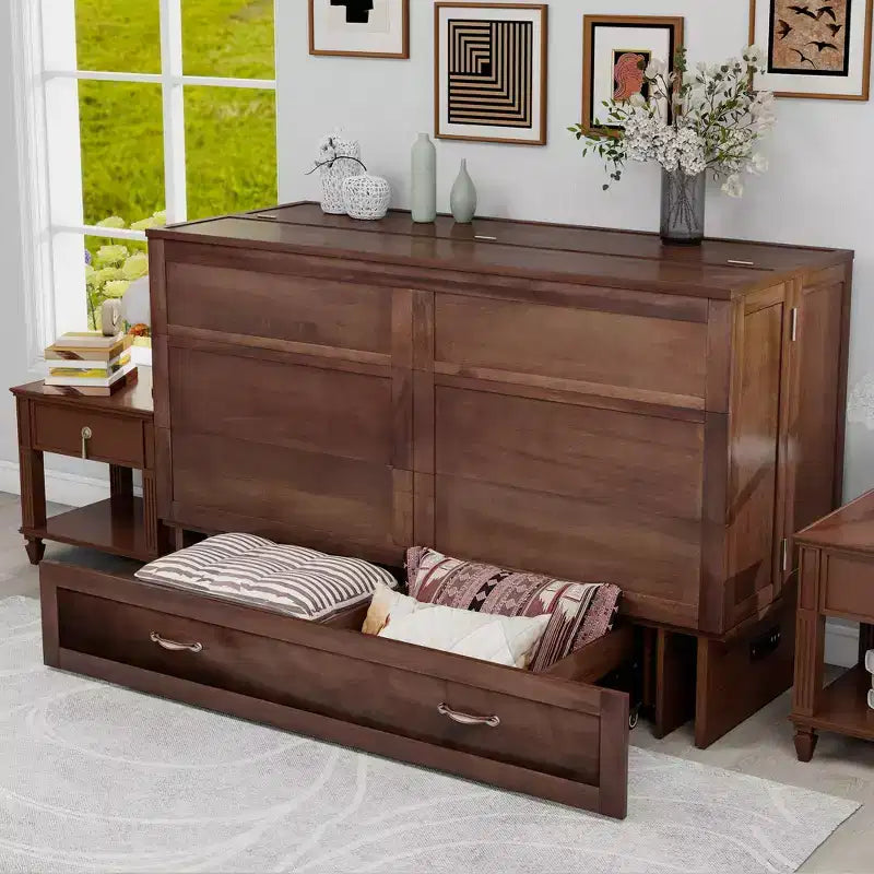 Solid Wood Frame Queen Murphy Bed with Built-in Charger and Storage Drawer
