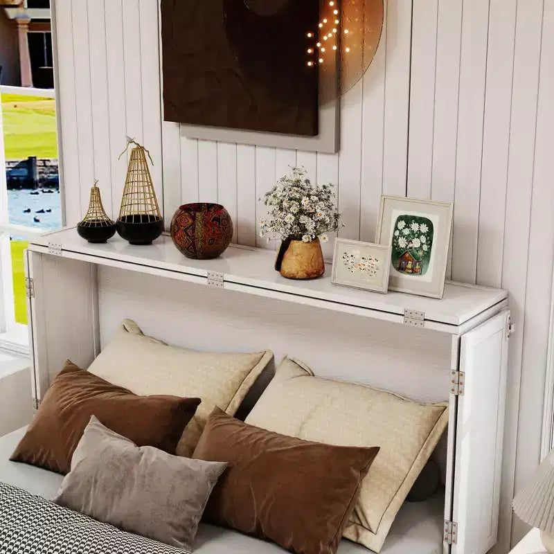 Solid Wood Frame Queen Murphy Bed with Built-in Charger and Storage Drawer