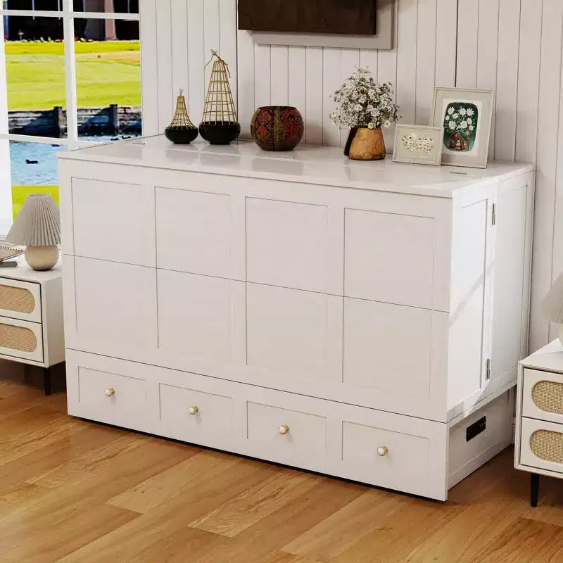 Solid Wood Frame Queen Murphy Bed with Built-in Charger and Storage Drawer