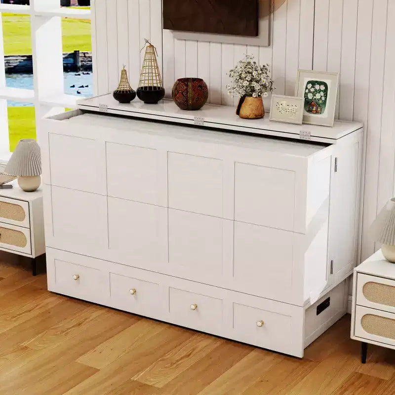 Solid Wood Frame Queen Murphy Bed with Built-in Charger and Storage Drawer